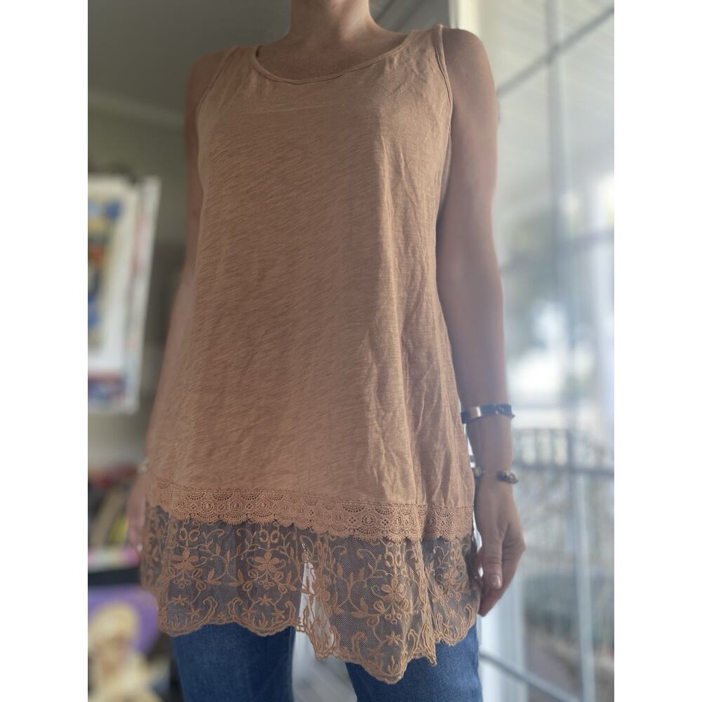 LOGO Layers by Lori Goldstein Cotton Slub Tank with Lace Hem Tan S
